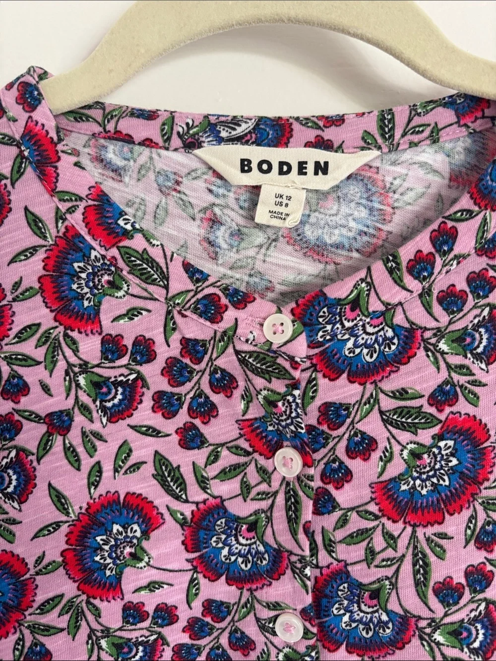 Boden Pink Floral Long-Sleeve Top with Blue & Green Accents